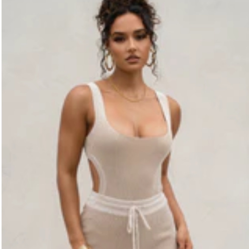 JLUXLABEL Taupe/White Deana Ribbed Bodysuit